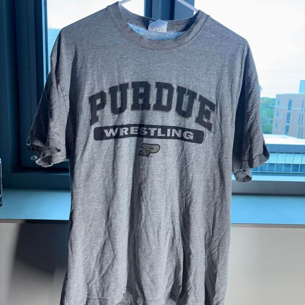 Super crazy vintage retro y2k tuff af spell out Gray Purdue Wrestling T-shirt